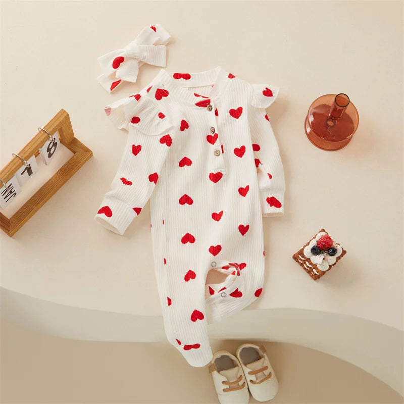 0-18M Newborn Baby Girls' Romper in Sweet Heart Prints - Long Sleeve Crew Neck Jumpsuit With Bow Knot Headdress