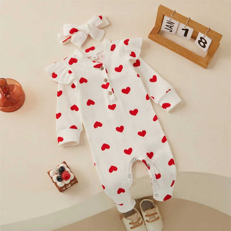 0-18M Newborn Baby Girls' Romper in Sweet Heart Prints - Long Sleeve Crew Neck Jumpsuit With Bow Knot Headdress