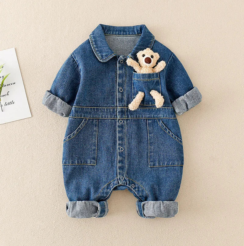 Denim Newborn Romper Jumpsuits with Cute Pocket Toy Bear Details - Unisex Denim Romper