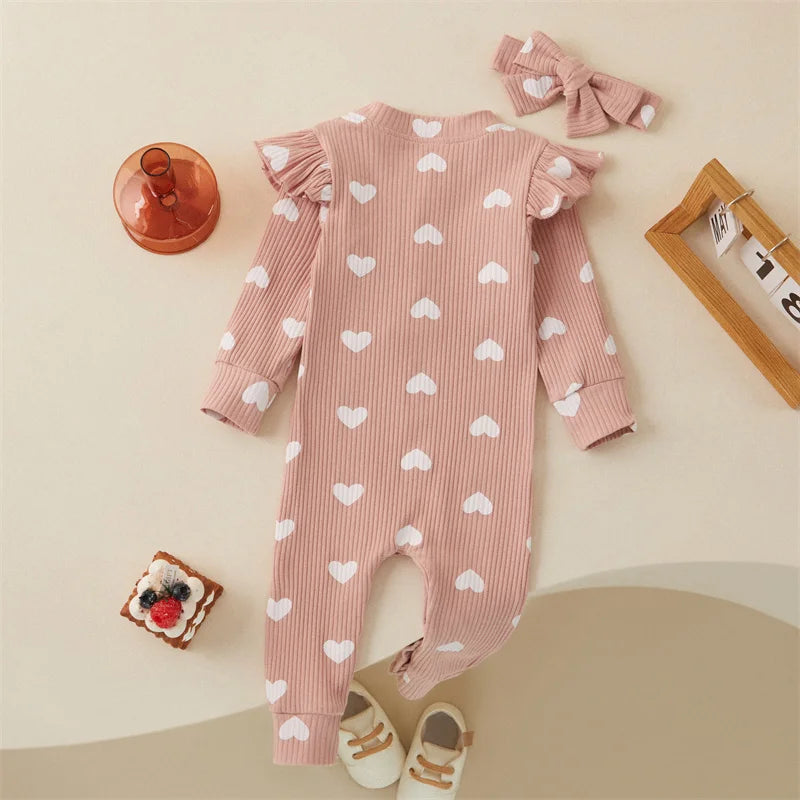 0-18M Newborn Baby Girls' Romper in Sweet Heart Prints - Long Sleeve Crew Neck Jumpsuit With Bow Knot Headdress