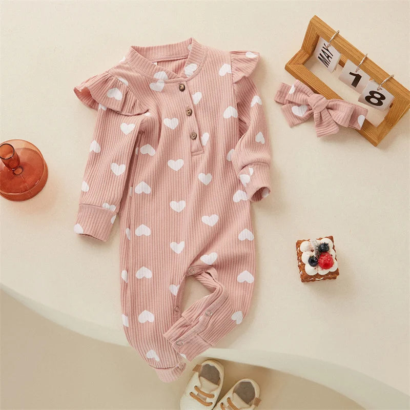 0-18M Newborn Baby Girls' Romper in Sweet Heart Prints - Long Sleeve Crew Neck Jumpsuit With Bow Knot Headdress