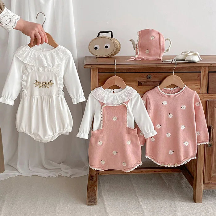 Cute Baby Girls' Knitted Clothing Set - Newborn Baby Girls' Embroidered Bodysuits