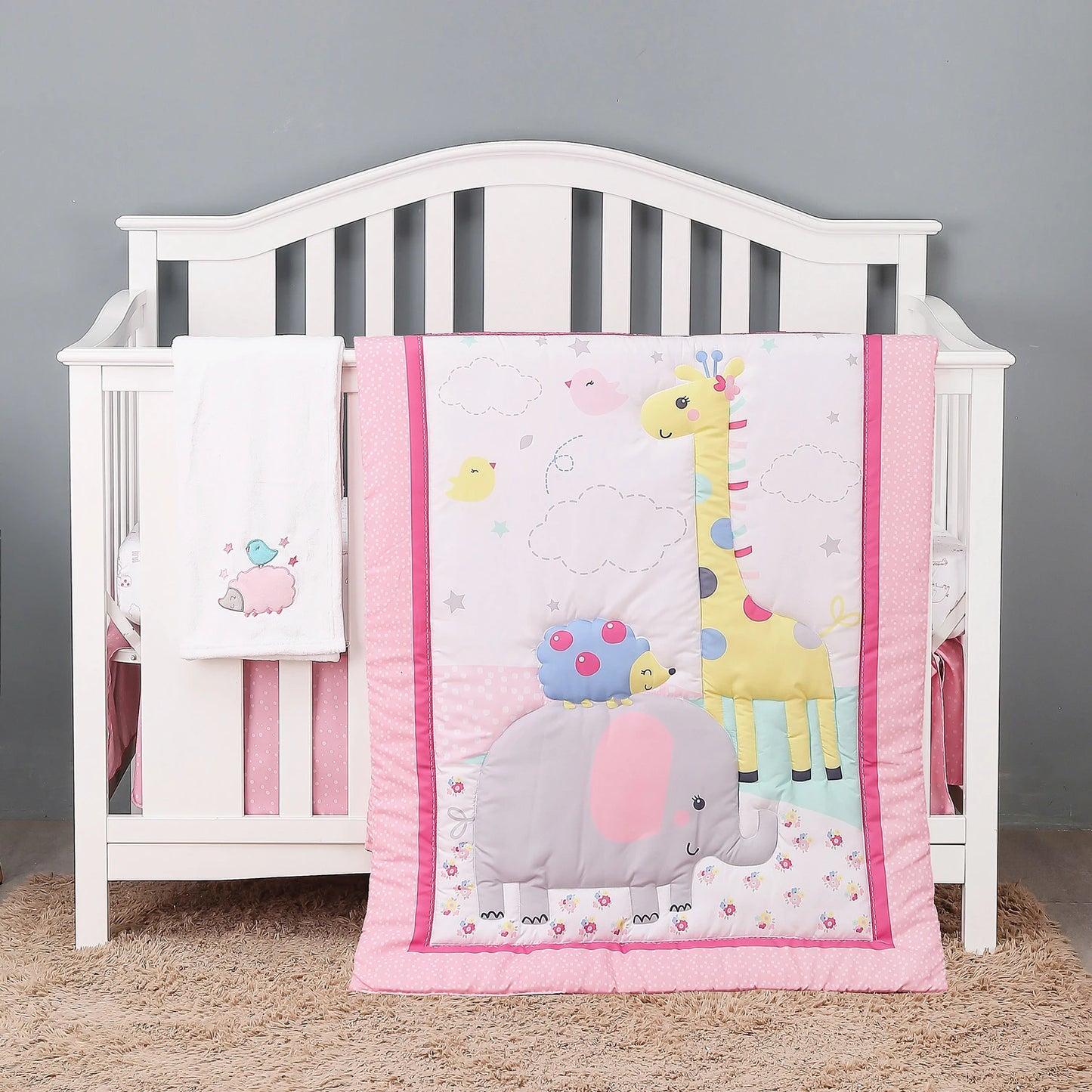 4Pcs Baby Nursery Baby Crib Bedding Sets for Boys & Girls Ruffle Design (Comforter Fitted Sheet Crib Skirt Blanket)