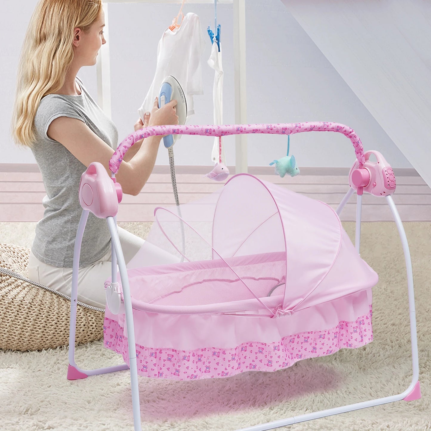 Automated Baby Swing (With Timer+Bluetooth Music+Mat+Pillow+Remote 5 Gears Adjustable)