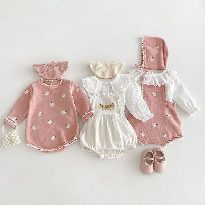 Cute Baby Girls' Knitted Clothing Set - Newborn Baby Girls' Embroidered Bodysuits