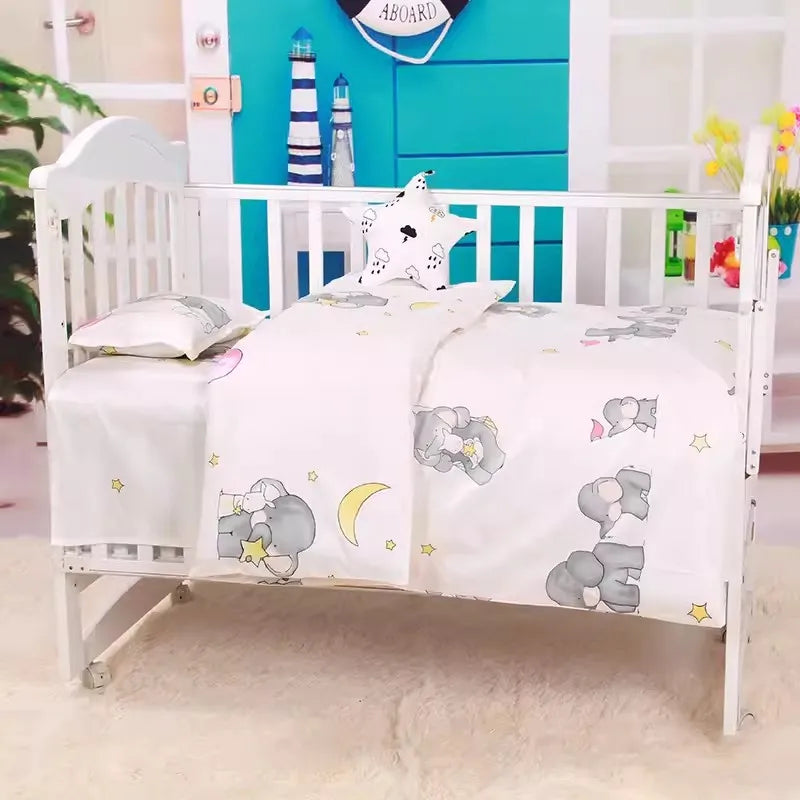 Cute Cartoon Baby Crib Bedding Set 3Pcs 100% Cotton Include Duvet Cover, Mattress Sheet, Pillowcase (Without Filler)