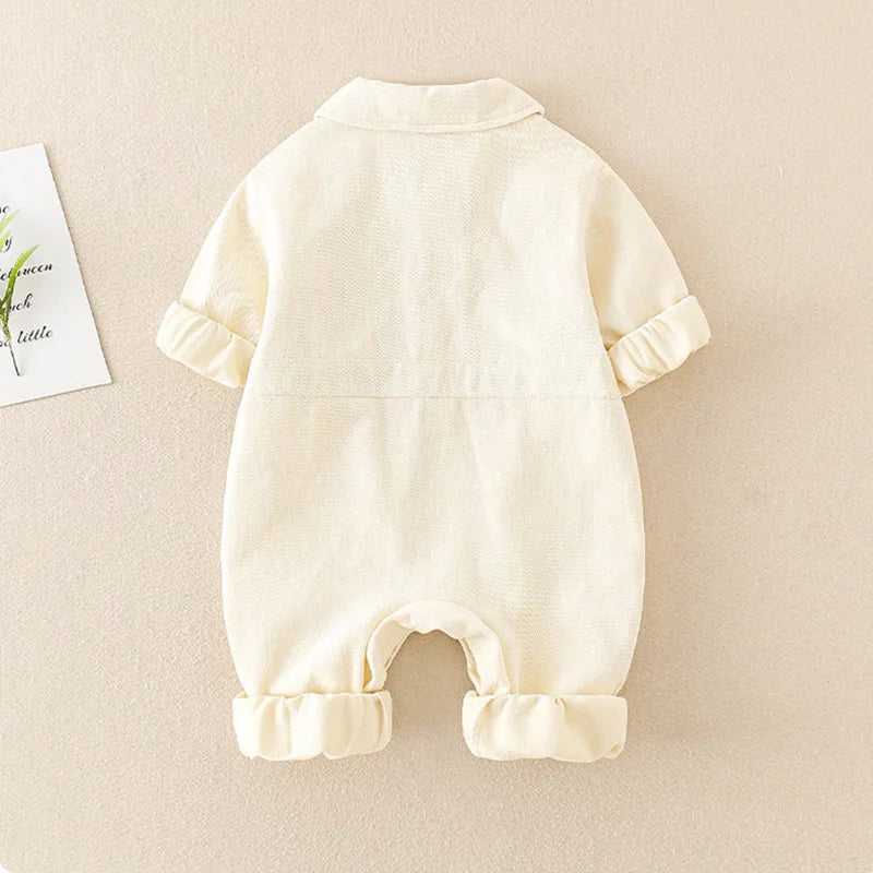 Denim Newborn Romper Jumpsuits with Cute Pocket Toy Bear Details - Unisex Denim Romper