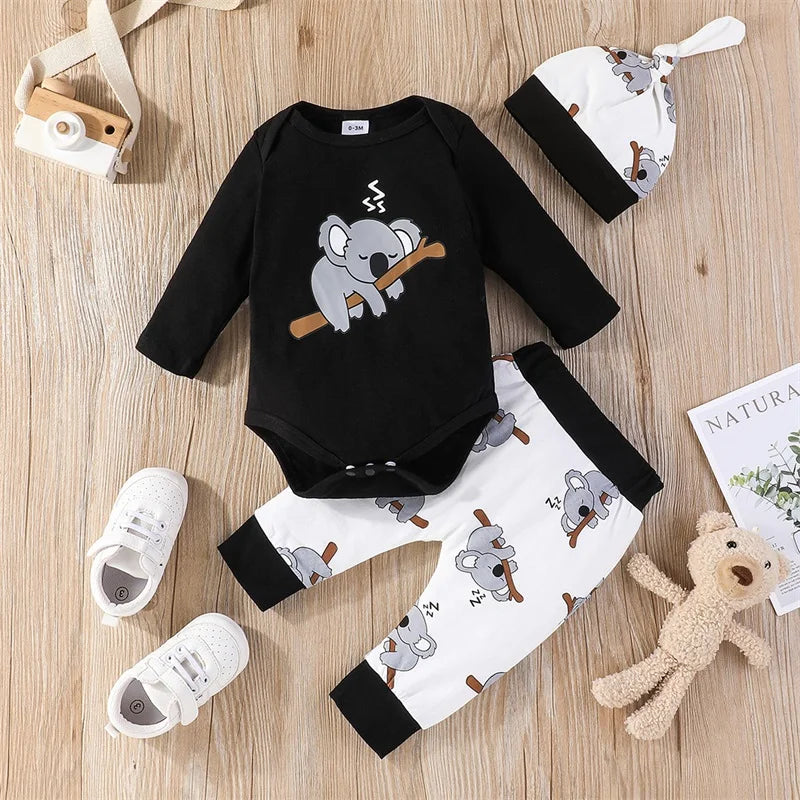 Cute Koala-Print Infant Baby Romper Outfit 3PC Set - Baby Outfit Set 0-18 Months