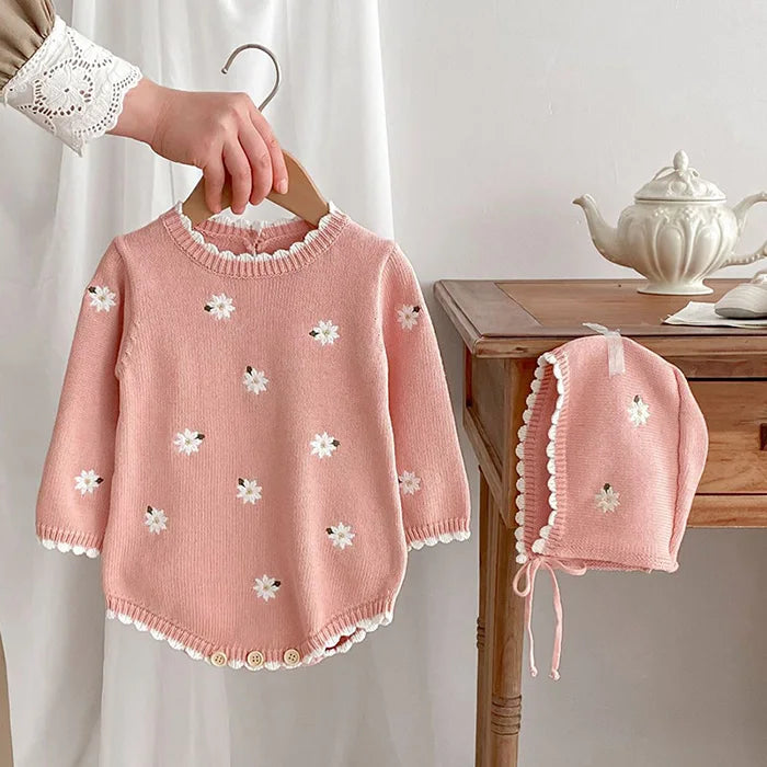 Cute Baby Girls' Knitted Clothing Set - Newborn Baby Girls' Embroidered Bodysuits