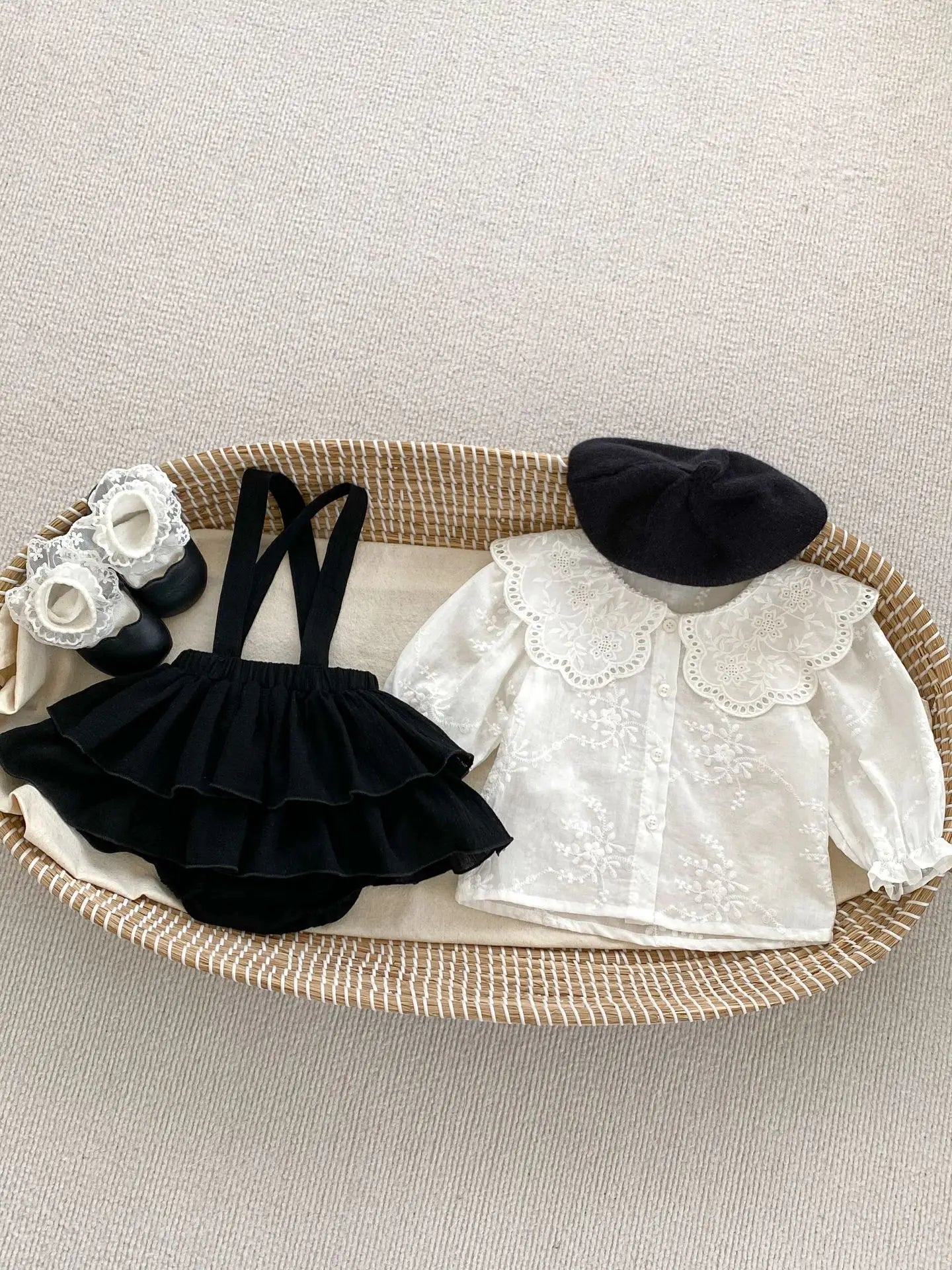 Cute Formal White Lace 2PC Collar Shirt and Bodysuit Set for Toddler Baby Girls