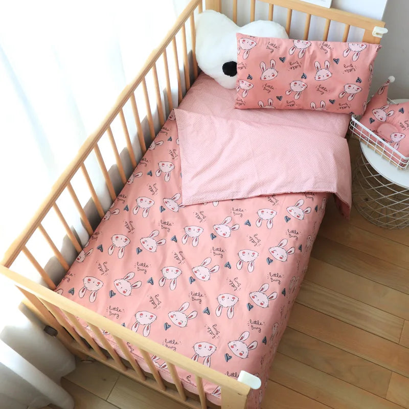 3Pcs Unisex Cute Baby Bedding Set Cotton Crib Bed Linen with Pillowcase, Bedsheet, Duvet Cover