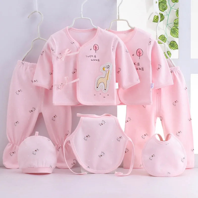 7PC Newborn Clothing Set with T-shirt, Pants, Hats in Unisex Colors