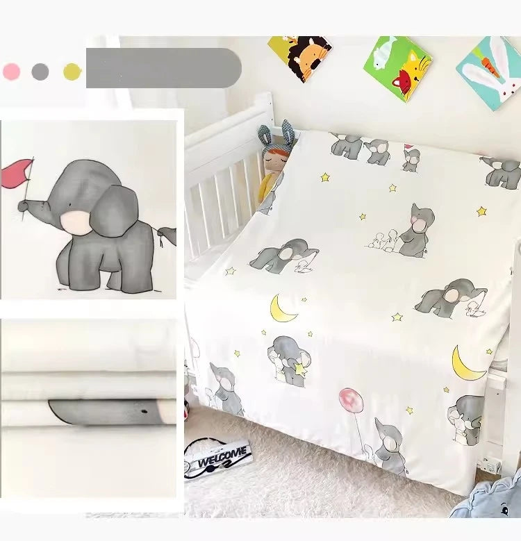 Cute Cartoon Baby Crib Bedding Set 3Pcs 100% Cotton Include Duvet Cover, Mattress Sheet, Pillowcase (Without Filler)