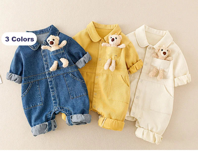 Denim Newborn Romper Jumpsuits with Cute Pocket Toy Bear Details - Unisex Denim Romper