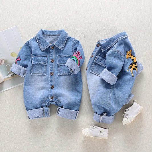 Newborn Baby Jumpsuit and Romper in Cute Denim with Embroidery