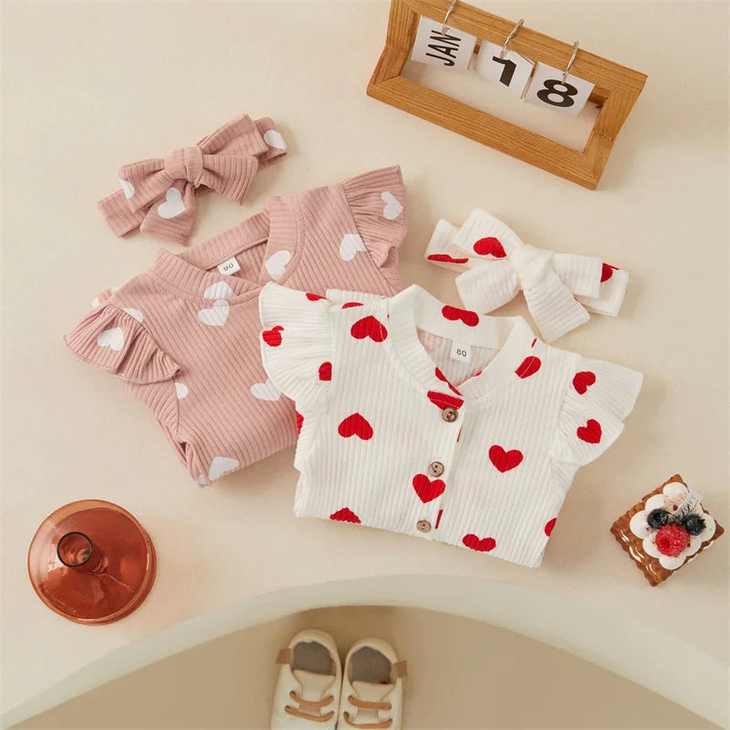 0-18M Newborn Baby Girls' Romper in Sweet Heart Prints - Long Sleeve Crew Neck Jumpsuit With Bow Knot Headdress