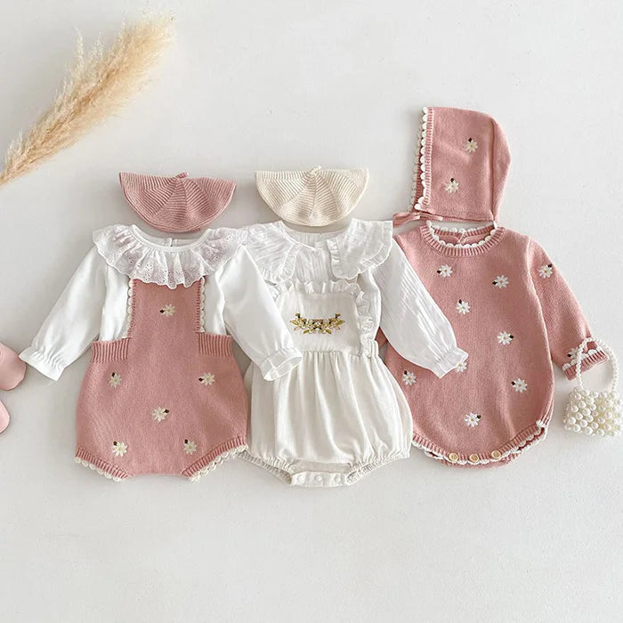 Cute Baby Girls' Knitted Clothing Set - Newborn Baby Girls' Embroidered Bodysuits