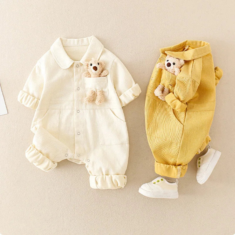 Denim Newborn Romper Jumpsuits with Cute Pocket Toy Bear Details - Unisex Denim Romper