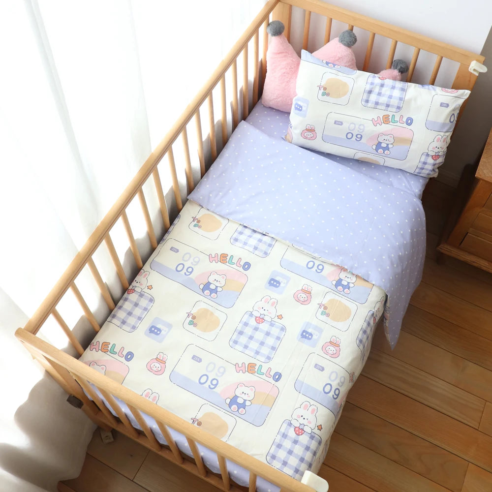 3Pcs Unisex Cute Baby Bedding Set Cotton Crib Bed Linen with Pillowcase, Bedsheet, Duvet Cover