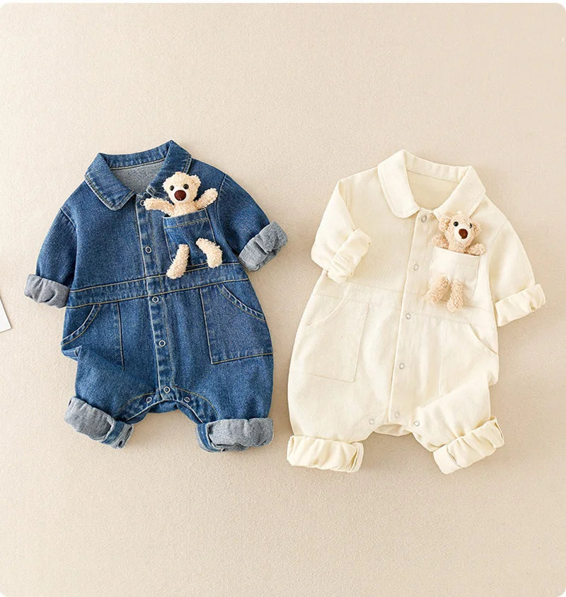 Denim Newborn Romper Jumpsuits with Cute Pocket Toy Bear Details - Unisex Denim Romper